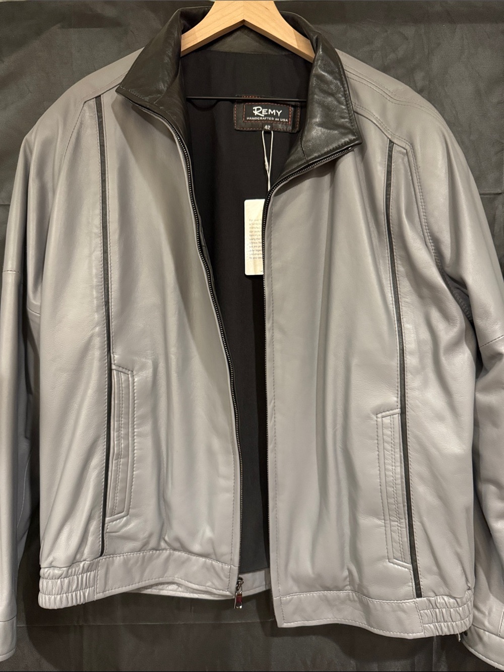 Men's Gray Leather Zip Jacket